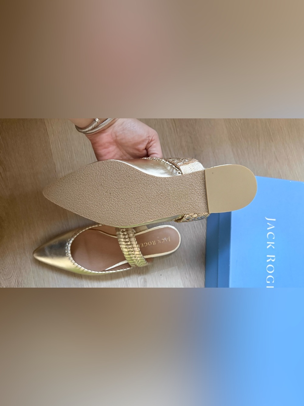 New Jack Rogers Metallic Gold Pointed-Toe Woven Strap Mules - Picture 3 of 5
